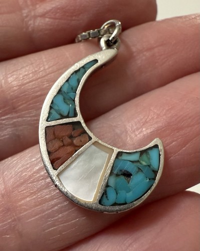 Native American Sterling Silver Multi Gemstone Inlay Crescent Pendant Necklace - Picture 2 of 12