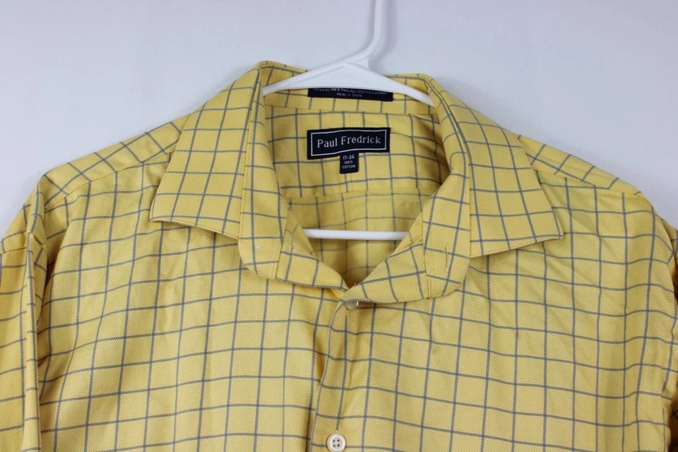 Рубашка мужская Paul Fredrick платье 17 34 желтая клетчатая с длинным рукавом хлопок раскладная - Изображение 3 из 4