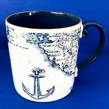 SPECTRUM Blue & White Nautical Ocean MAP ANCHOR 21oz Ceramic MUG NWT New