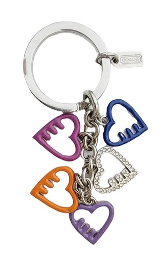 Coach Keychain Poppy Heart Charm Silvertone Enamel, Rhinestone Paved Hearts Gift - Picture 2 of 8