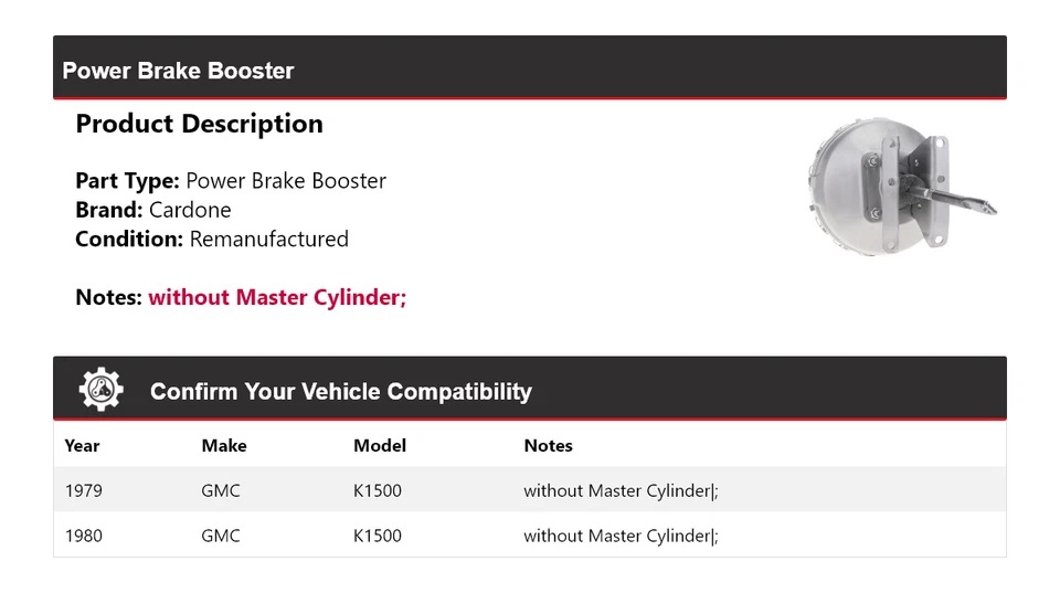 Para GMC K1500 1979-1980 Power Brake Booster Cardone Foto 2 de 4