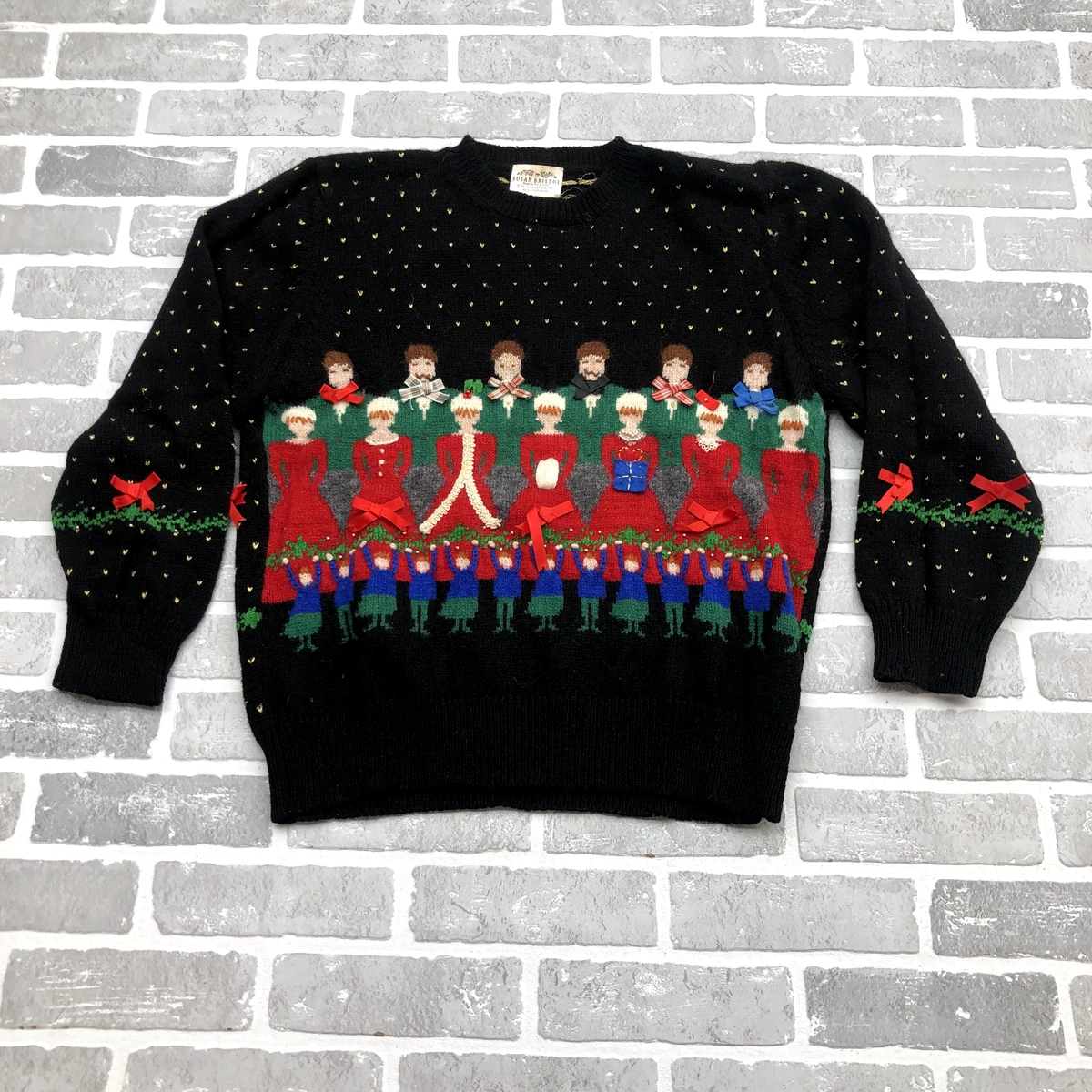Vintage Susan Bristol Black Christmas Carolling Beaded Sweater Adult Size L