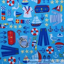 BonEful Fabric FQ Cotton Quilt Blue Red White Ship Flag Sail Boat Cruise Kid USA