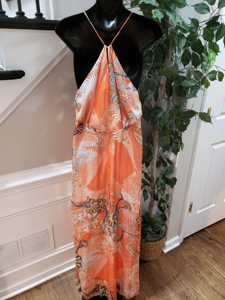 Maxi Vestido Esley Naranja Paisley Poliéster Cuello Redondo Sin Mangas Grande Foto 2 de 4