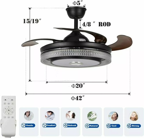 Crystal Chandelier Ceiling Bluetooth Music Fan LED 7Color Light 42" w/Remote - Picture 6 of 12