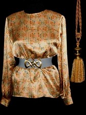 USA VinTage 4 Silk Blouse Gold Beige Teal Long Sleeve Jewel Keyhole Neckline