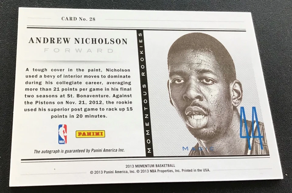 2013 Panini Momentum  Basketball No. 28 Andrew Nicholson Autograph Trading Card  - Image 2 of 2
