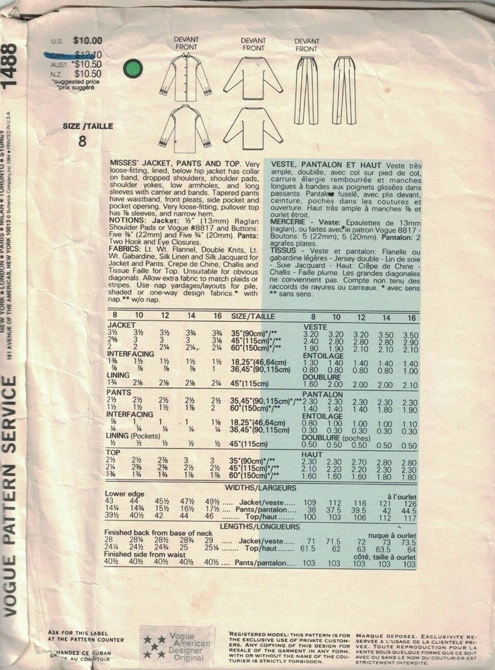 1488 UNCUT Vogue Sewing Pattern Misses Jacket Pants Top Joseph Picone OOP SEW - Image 2 of 2