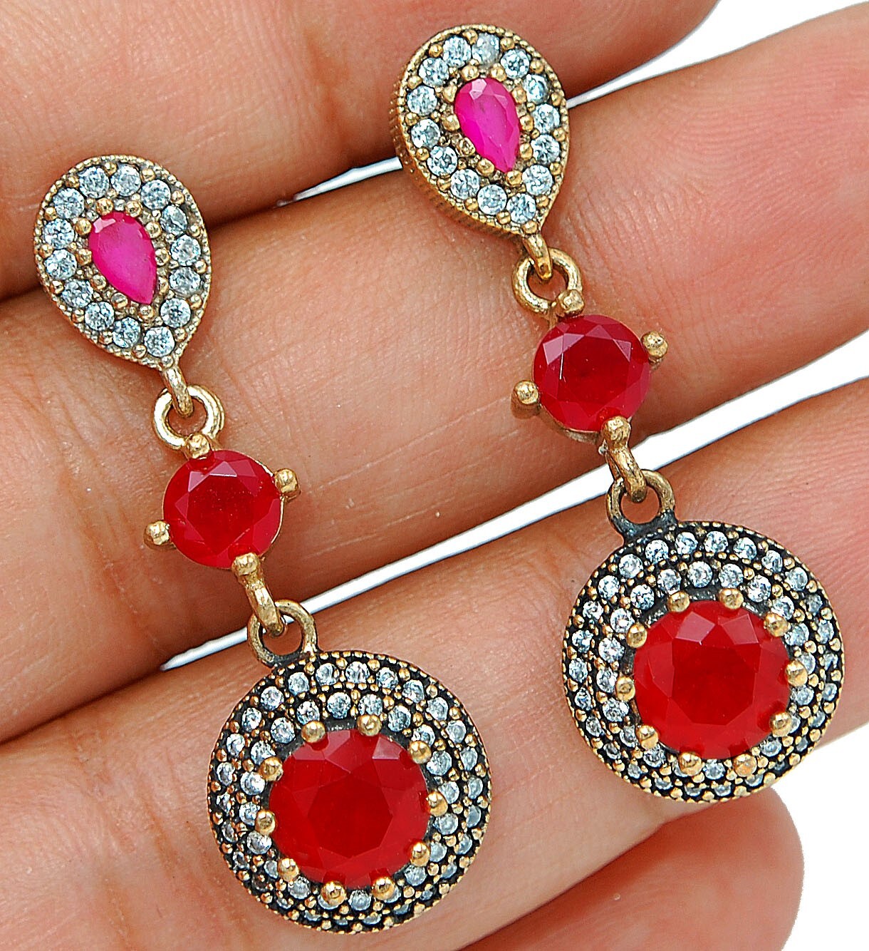 Exquisite Ottoman Empire Style 12CT Treated Ruby 925 Sterling Silver Earrings TE3496