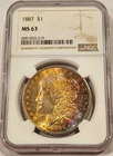 New Listing1887 Morgan Dollar NGC MS63 Rainbow Toned Orange Pink Blue Obverse Color