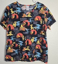 Disney Women Scrub Top Medium Black Graphic Print Lion King Logo Short Sleeve