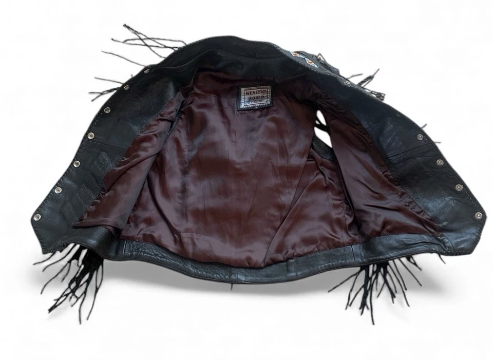 Chaleco de cuero vintage Western World Shaf negro para mujer con flecos/cuentas grandes Foto 2 de 4