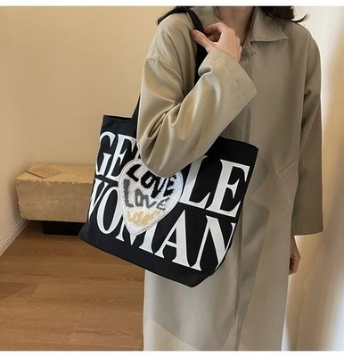 Große Canvas-Einkaufstasche Damen Buchstabenmuster Schulter Handtasche lässig modisch Tasche | UK