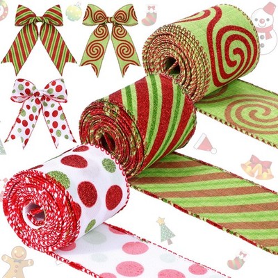 Christmas Wired Ribbon Red Lime Green Polka Dot Swirl Fabric DIY Decor 3 Rolls