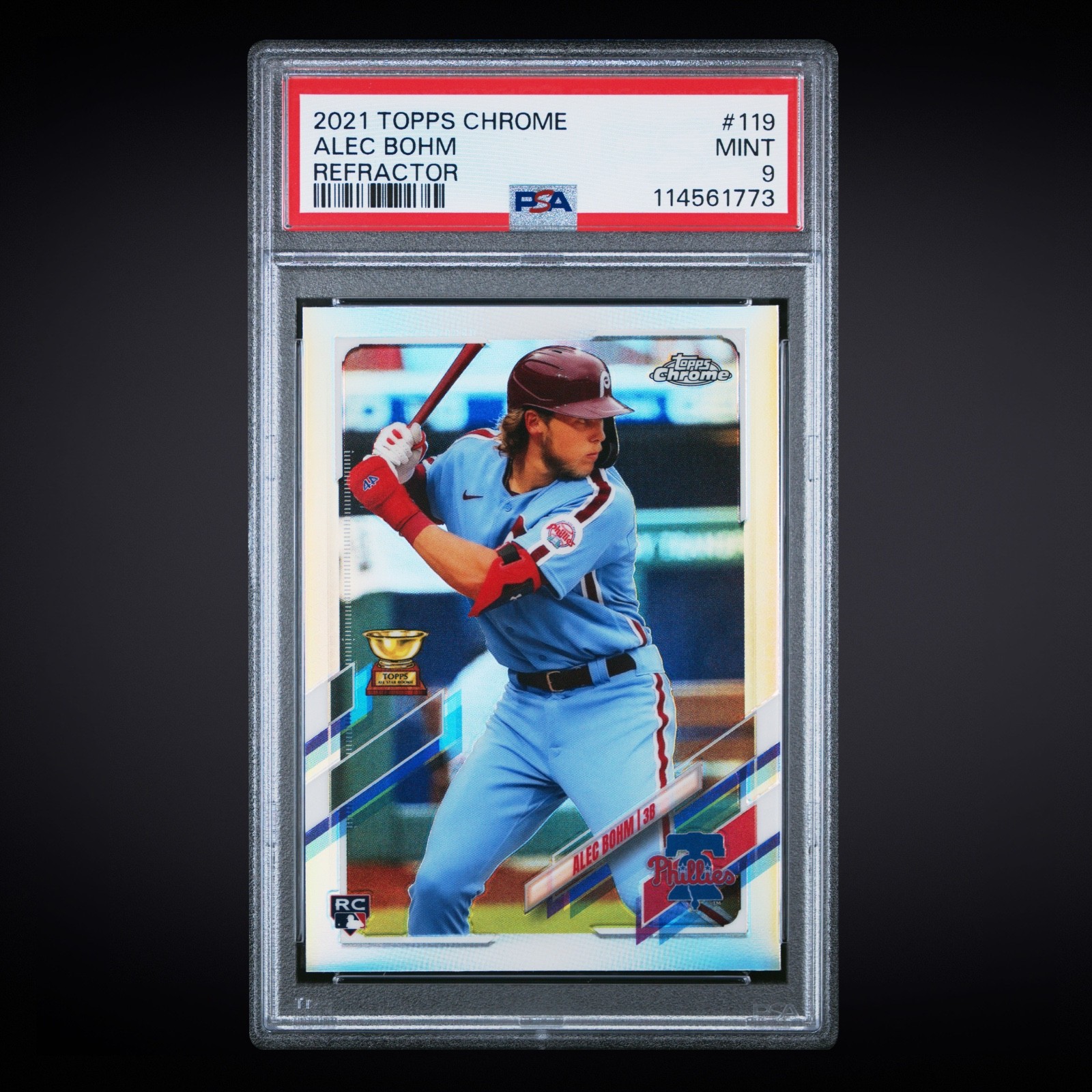 2021 TOPPS CHROME REFRACTOR #119 ALEC BOHM PHILLIES RC PSA 9