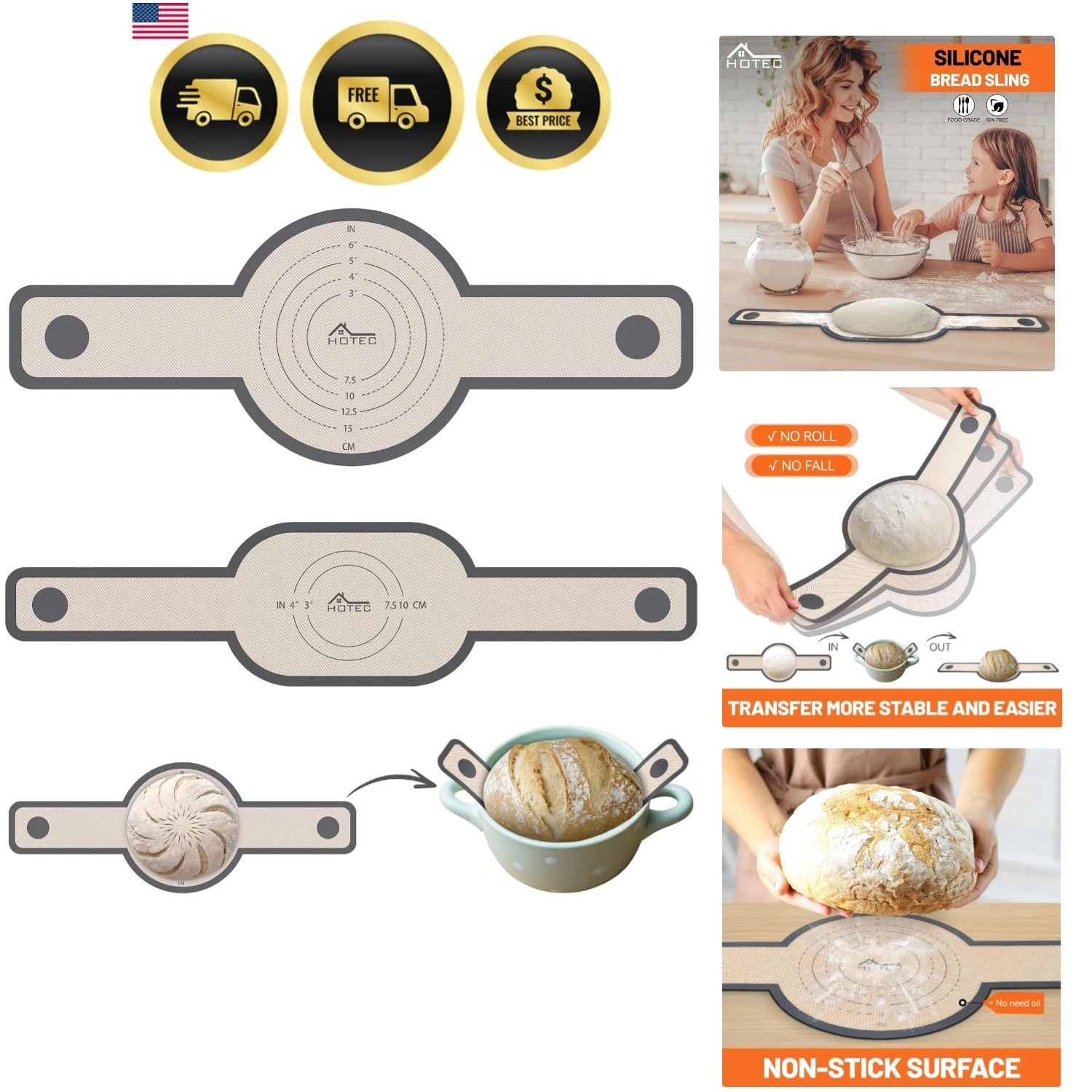 Silicone Bread Sling for Dutch Oven - 2 Pack Non-Stick Baking Mat with Long H...