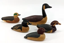 KW. BURT, Hand Carved Miniature Ducks, Dated '84, Large 3", Small 2"