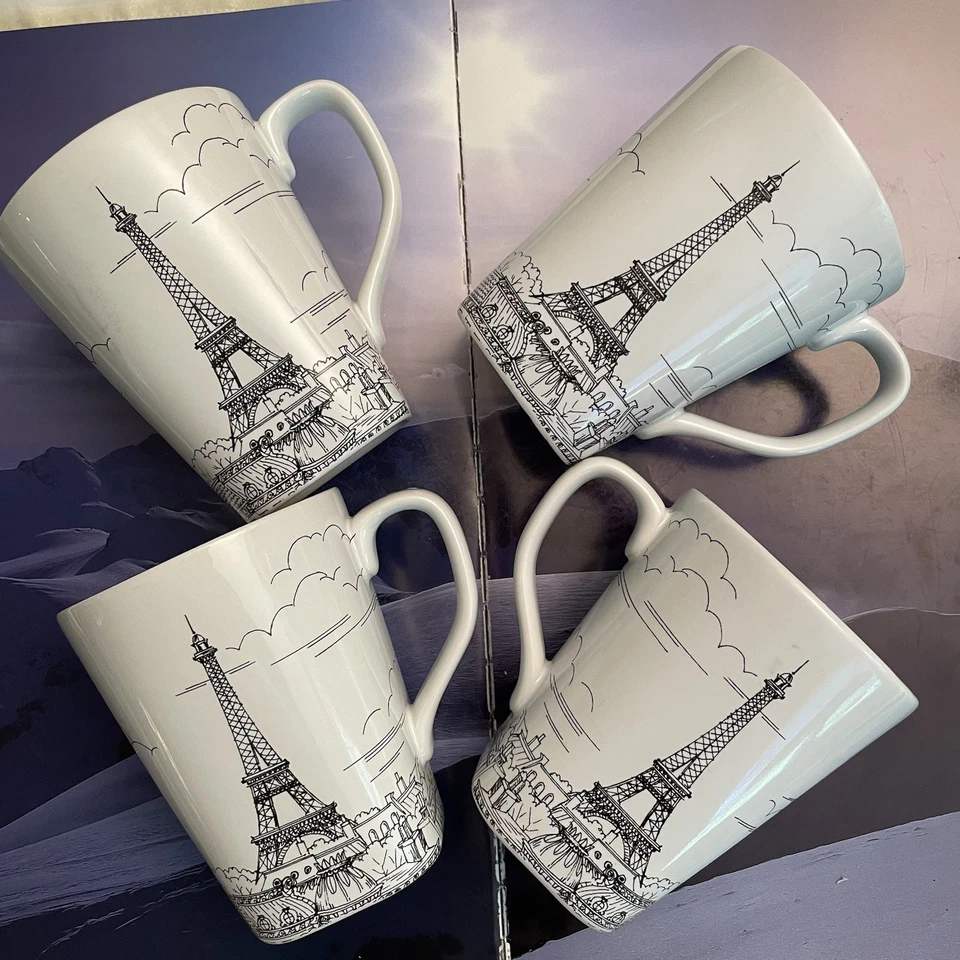 222 Fifth City Scenes Black & White Eiffel Tower Paris 4 Mugs 12 oz - Image 2 of 4