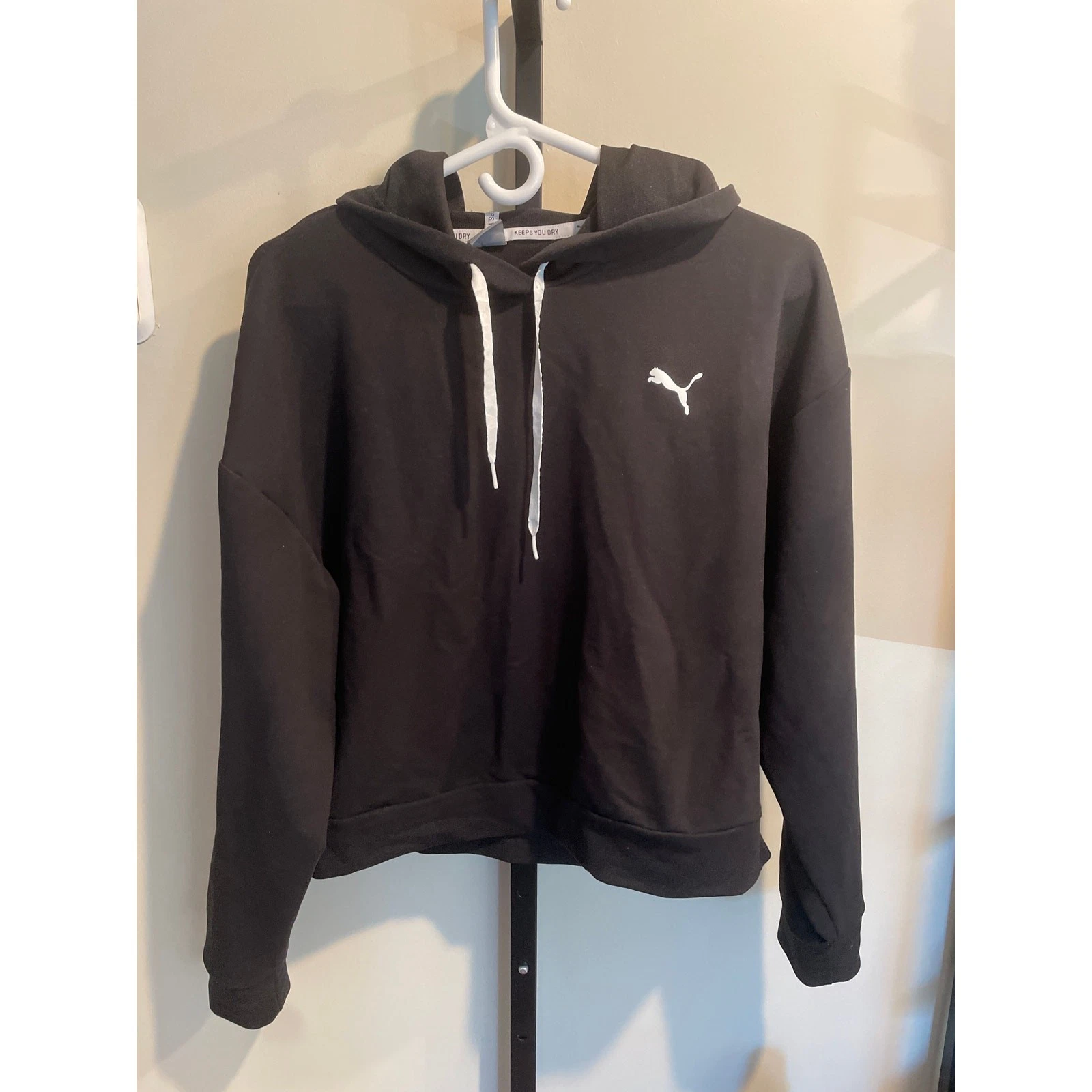 PUMA Modern Sport Crop Hoodie Black Women's M Drop Shoulders Pullover Sweatshirt