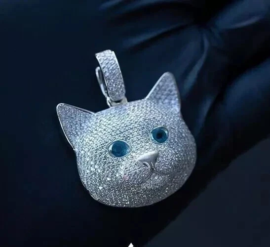 2.00Ct Lab Created Diamond Cluster Cat Face Men's Pendant 14K White Gold Plated - Image 2 of 3