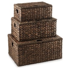 OPEN BOX - Set of 3 Water Hyacinth Baskets with Lids, Rectangular Woven Bins