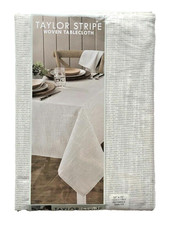 Taylor Stripe Woven Fabric Tablecloth White Charcoal Machine Washable 60x102
