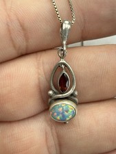 Stunning Vintage Garnet And Lab Opal Sterling Pendant W/ 18” Necklace - 3.7g