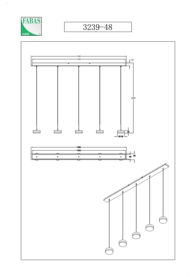 FABAS LUCE LED Pendel Leuchte Dunk 5flg. 3239-48-212 dimmbar Alu gebürstet - Bild 3 von 4