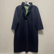 Gretchen Scott Ruff Neck 3/4 Sleeve Navy Shift Dress Womens Size XL