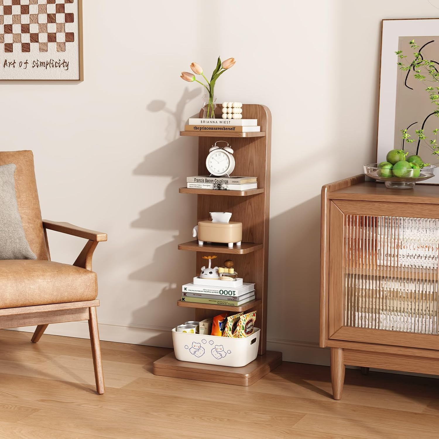 Mid Century Narrow Bookshelf Ladder - 5 Shelf Bookcase for Small Spaces