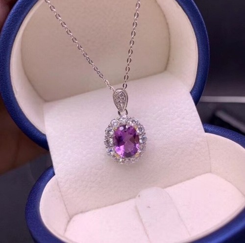 2Ct Oval Cut Amethyst Halo lab Created Pendant 14K White Gold Over18" Free Chain - Picture 8 of 8