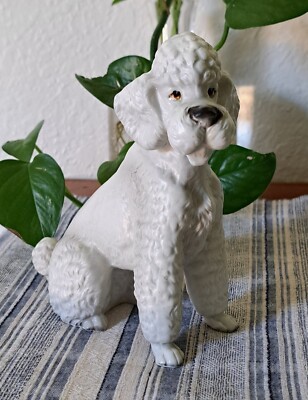 Vintage Mid Century White Ceramic Standard Poodle Sitting 6'' Japan