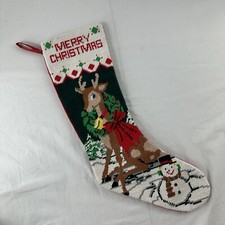 Needlepoint Christmas Stocking 20  Reindeer W/ Wreath Snowman  Merry Christmas  