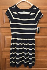 NEW A. Byer Jrs. LARGE Knit Sweater Dress S/S blue gray striped 243
