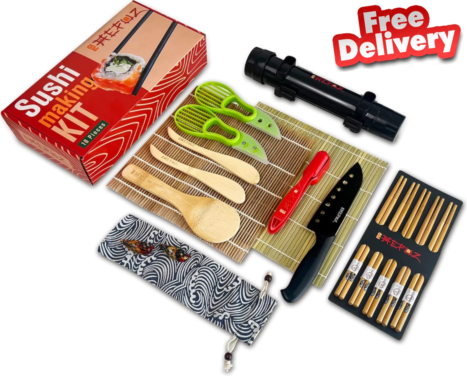 Sushi Making Kit 18 in 1 Sushi Bazooka Mats knife Chopsticks w Holders Gift box
Opens in a new windo