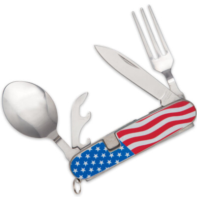 AMERICAN FLAG HOBO KNIFE CAMPING AND DINING TOOL UTENSIL SET FORK SPOON CAN 3.5''