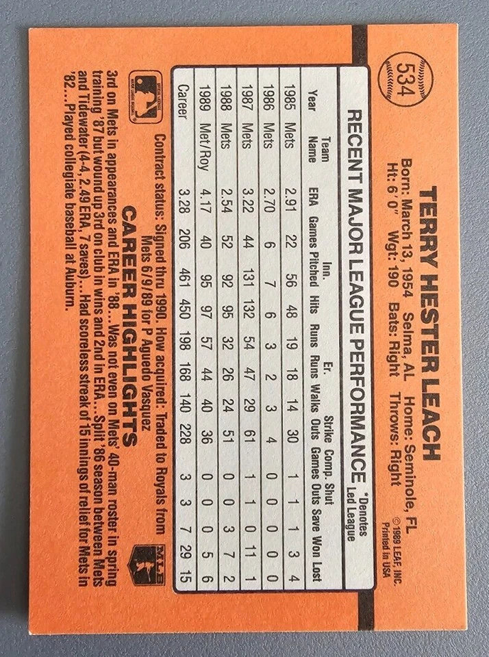 1990 Donruss #534 Terry Leach Autographed Kansas City Royals Card - Signed - Image 2 of 2