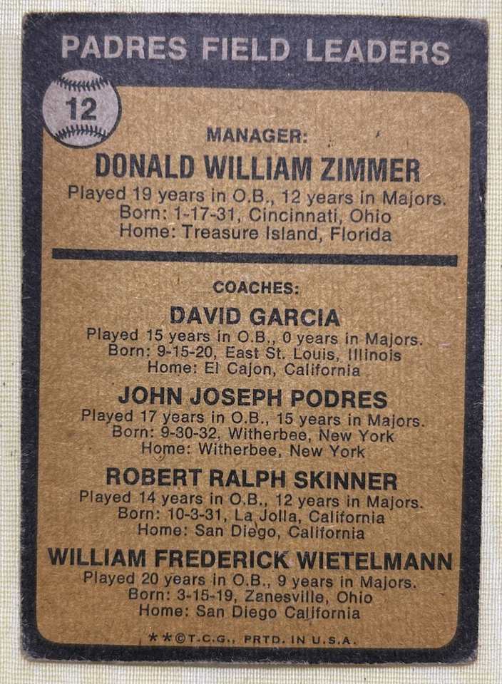 Tarjeta de béisbol 1973 Topps Don Zimmer Manager #12 Padres bajo grado O/C y escritura Foto 2 de 2