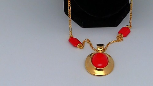 Gold Colored Necklace with some Red Beads & a Red Beaded Pendant - Picture 2 of 2