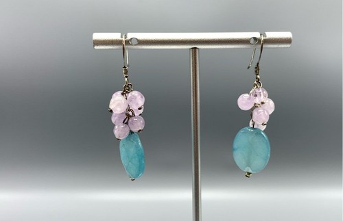 Sterling Silver, Jadeite & Amethyst Beads Drop Earrings