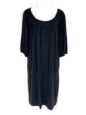 VINCE Black Smocked Black Peasant Dress Size S Jersey Knit 3/4 Sleeve Boat Neck