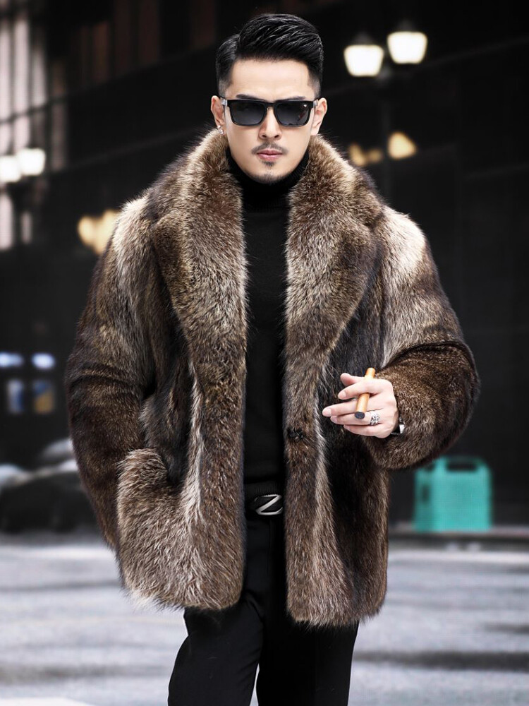 Men's Fur Winter Mid-length Fox Fur One-piece Mink Coat Thickened