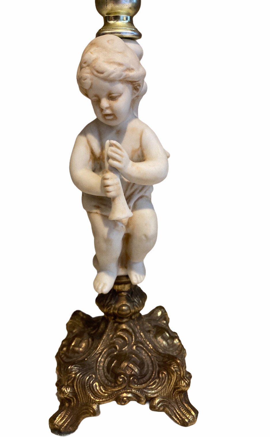 Vintage Set of 2 Mid Century Brass & Porcelain Bisque Cherub Lamp B.M