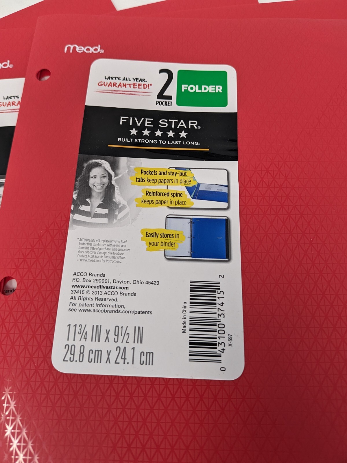 Red Mead Five Star 2 Pocket Folder 3 Hole Plastic Folder Stay Put Tab