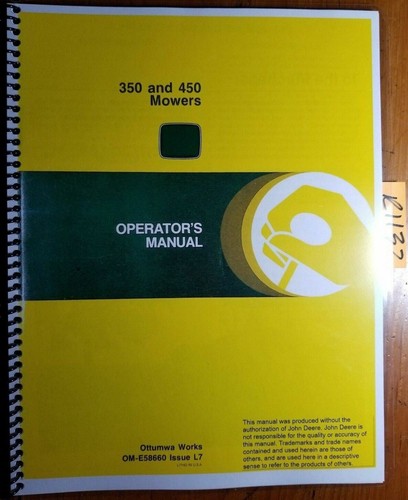 John Deere 350 450 Mower S/N -800000 Owner Operator's Manual OM-E58660 L7 12/77