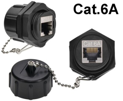 Cat6A RJ45 Shielded Ethernet Industrial Panel Mount Bulkhead Coupler w/ Dust Cap