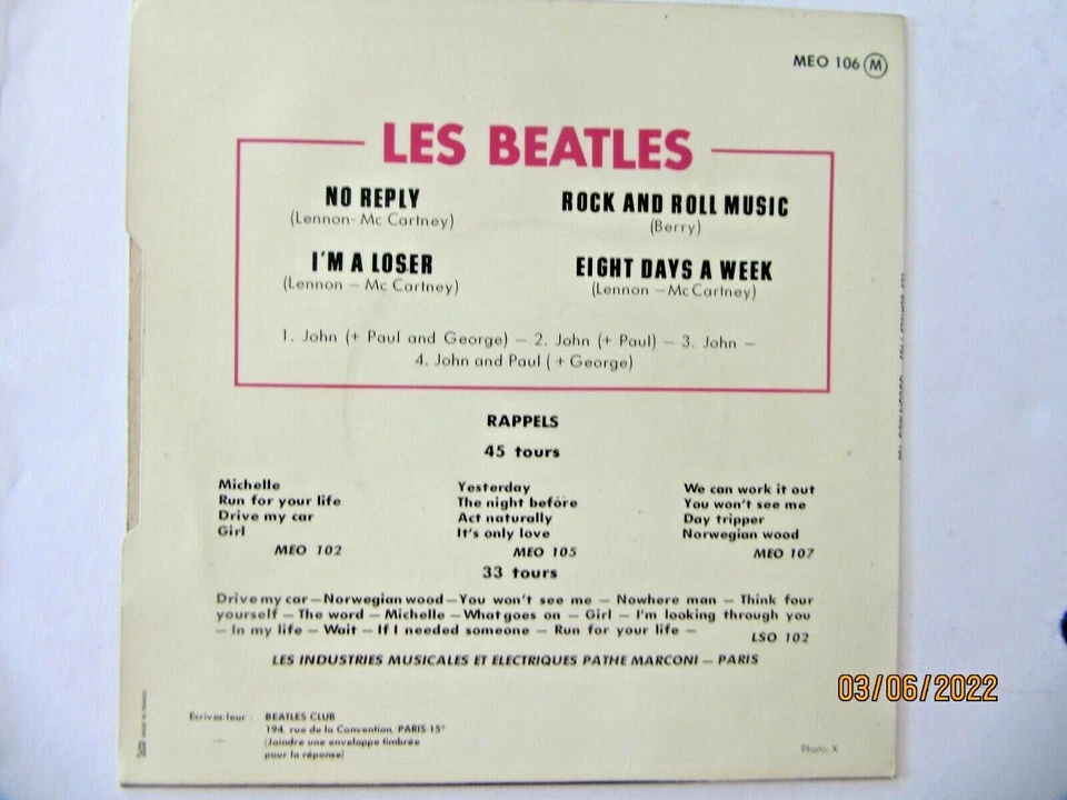 BEATLES ''LES BEATLES''  EIGHT DAYS A WEEK + 3- EP 7'' Nr Mint- FRANCE - Image 2 of 4