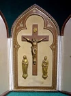 Antique LARGE TRAVEL & DESK LEATHER SHRINE w/ BRONZE CHRIST CRUCIFIED & STATUES