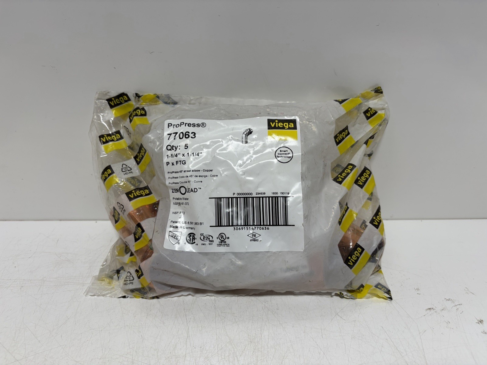 Pack Of (5) VIEGA 77063 1-1/4” Propress 45° Elbow Press to Sweat P x FTG *NEW*