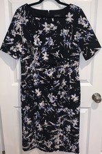 TAHARI Size 14 Sheath Dress Black Floral Short Sleeve Stretch Easy Care Slimming